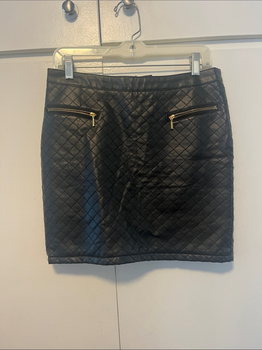 Urban Black Quilted Faux Leather Mini Skirt sz 38  with Gold Zippers